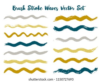 Funky brush stroke waves vector set. Hand drawn brown grey brushstrokes, ink splashes, watercolor splats, hand painted curls. Vector ink traces, color combinations. Wavy stripes vector set.