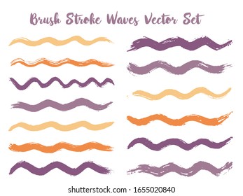 Funky brush stroke waves vector set. Hand drawn violet orange brushstrokes, ink splashes, watercolor splats, hand painted curls. Interior colors scheme samples. Textured waves, stripes design.