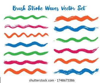 Funky brush stroke waves vector set. Hand drawn red blue green brushstrokes, ink splashes, watercolor splats, hand painted curls. Interior colors scheme samples. Wavy stripes vector set.