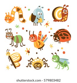 Funky Bugs And Insects Collection Of Small Animals With Smiling Faces And Stylized Design Of Bodies