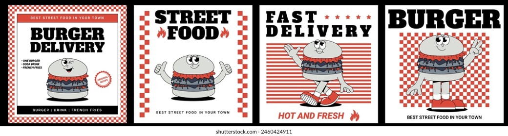 Funky burger card set in retro groovy style. Trendy illustration. Cool maskot for cafe, bar, restaurant. Vector illustration