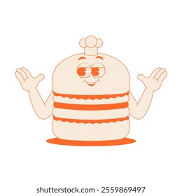 Funky burger character with chefs hat in trendy retro groovy style. Psychedelic fast food mascot with face and hands. Cool vector sticker in monochrome palette