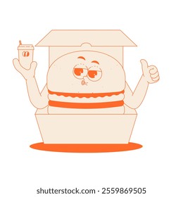 Funky burger character with drink in lunch box in trendy retro groovy style. Psychedelic fast food mascot with face and hands. Cool vector sticker in monochrome palette