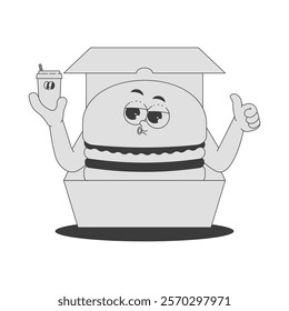 Funky burger character with drink in lunch box in trendy retro groovy style. Psychedelic fast food mascot with face and hands. Cool vector sticker in black monochrome palette