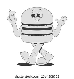 Funky burger character with drink in trendy retro groovy style. Psychedelic walking fast food mascot with face, hands and legs. Vector sticker in black monochrome palette 