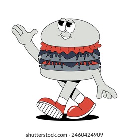 Funky burger character with happy smile face in retro groovy style. Trendy fast food stickers. Cool maskot for cafe, bar, restaurant. 