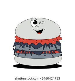Funky burger character with happy smile face in retro groovy style. Trendy fast food stickers. Cool maskot for cafe, bar, restaurant. 