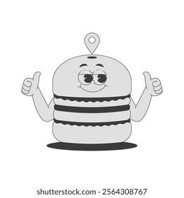 Funky burger character with location sign in trendy retro groovy style. Psychedelic fast food mascot with face and hands. Cool vector sticker in black monochrome palette 