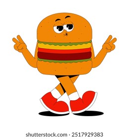 Personagem de hambúrguer funky em estilo moderno retro groovy. Psicodélico andando fast food mascote com rosto, mãos e pernas. Adesivo de vetor fresco no fundo transparente