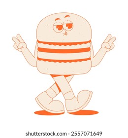 Funky burger character in trendy retro groovy style. Psychedelic walking fast food mascot with face, hands and legs. Cool vector sticker in monochrome palette 