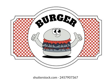 Funky burger label or badge in retro groovy style. Trendy illustration. Cool mascot for cafe, bar, restaurant. Vector illustration