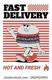Funky póster de hamburguesa en estilo retro groovy. Ilustración de moda. Máscara fresca para el café, bar, restaurante. Ilustración vectorial