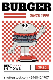 Funky Burger Poster im Retro-Groovy-Stil. Trendy Illustration. Cooles Maskottchen für Café, Bar, Restaurant. Vektorillustration