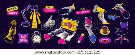 Funky business halftone collage elements set in retro pop art style. Collection includes hands with microphone, laptop, smartphone, coffee cup, desk lamp, office chair, clock and motivational sticker.