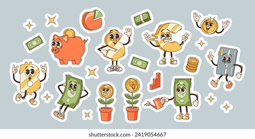 Funky Business Retro Cartoon Characters Stickers Set. Money Flower, Piggy Bank and Credit Card, Euro, Dollar or Bitcoin