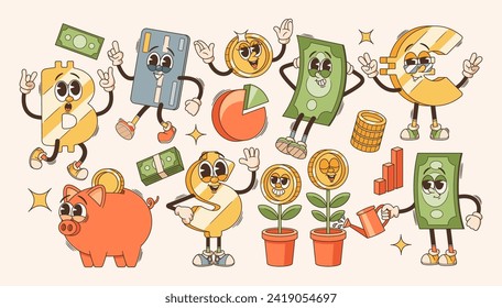 Funky Business Retro Cartoon Characters. Vector Money Flower, Piggy Bank and Credit Card, Euro, Dollar or Bitcoin