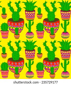 funky cactus seamless vector pattern in mexican style