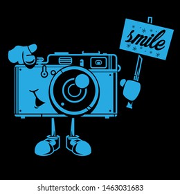 Funky camera mascot with smile slogan on black background cartoon vector illustration