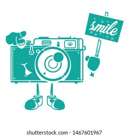 Funky camera mascot with smile slogan on white background cartoon vector illustration