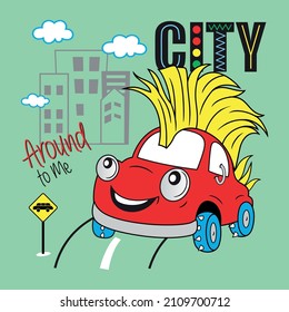 funky car around city vector illustration