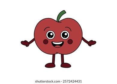 Funky cartoon mascot of apple with happy smile face, hands and feet. Vintage summer vector illustration