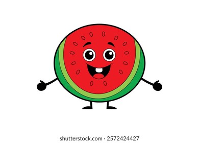 Funky cartoon mascot of Watermelon with happy smile face, hands and feet. Vintage summer vector illustration