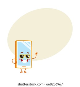 Funky cartoon mobile phone, smartphone character in sunglasses, vector illustration with space for text. Cartoon mobile phone, smartphone character wearing sunglasses, greeting hand gesture