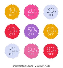 Funky cartoon set with star bubbles with lettering of percent of discount from 10 to 90 for Black Friday. Hand drawn label for big price off at shop, market, internet. Simple childish price sticker.