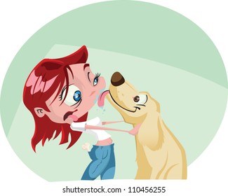 A Funky Cartoon Woman Gets A Big Wet Kiss From Her Dog. Illustrator .eps V10. Contains Some Transparency Effects On Highlights.