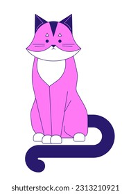 Caricatura vectorial plana de gato Funky. Tonto kawaii. Bonito gatito sentado. Editorial, revista spot ilustrativo. Animal de cuerpo entero aislado en blanco. Dibujo 2D simple editable. Ilustración 3D