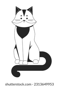 Funky cat line art vector cartoon character. Cute kawaii pet. Editorial, magazine spot illustration black and white. Full body outline animal isolated on white. Editable 2D drawing, graphic design