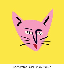 Funky cat with a lovely face. Freaky comic cat face. Bizarre Valentine's Day Card in modern doodle style. Vector illustration