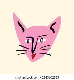 Funky cat with a lovely face. Freaky comic cat face. Bizarre Valentine's Day Card in modern doodle style. Vector illustration