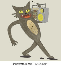 Funky cat walking with a boom box.
