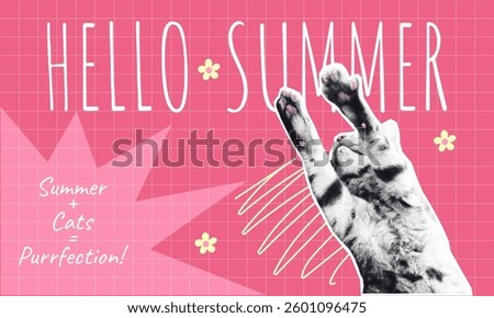funky Cat Welcoming Summer with cute paws and pink nose on Pink Graphic Background