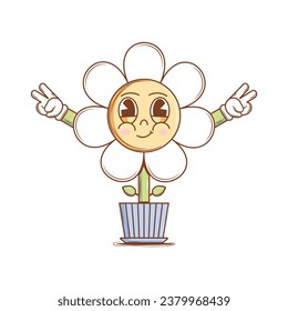 Funky Character Flower in a pot in groovy style. Isolated retro sticker on a transparent background for various purposes. Vintage vector illustration.