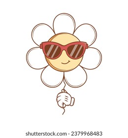 Funky Character Flower wearing sunglasses in hands in groovy style. Isolated retro sticker on a transparent background for various purposes. Vintage vector illustration.