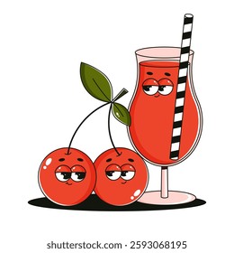 Funky character glass of juice and cherry. Comic mascot with happy smile face. Retro groovy fruit, berries and cocktail. Summer isolated vector illustration