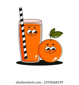Funky character glass of juice and orange. Comic mascot with happy smile face. Retro groovy fruit and cocktail. Summer isolated vector illustration
