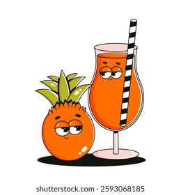 Funky character glass of juice and pineapple. Comic mascot with happy smile face. Retro groovy tropical fruit and cocktail. Summer isolated vector illustration