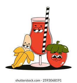Funky character glass of juice, strawberry, banana. Comic mascot with happy smile face. Retro groovy fruits and cocktail. Summer isolated vector illustration