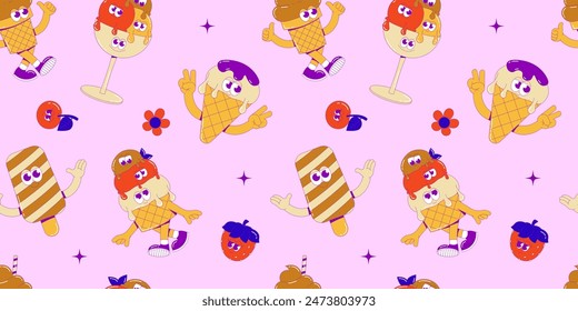 Funky character ice cream with cute faces, feet and hands. Cute dessert mascot in groovy style. Vector surrealism seamless pattern
