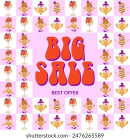 Funky character ice cream with cute faces, feet and hands. Card big sale, best offer. Cute dessert mascot in groovy style. Vector surrealism seamless pattern in a squares
