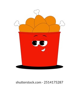 Funky character red box with chicken thighs in trendy retro groovy style. Psychedelic fast food mascot with face. Cool vector sticker on transparent background 