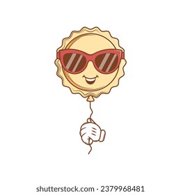 Funky Character Sun wearing sunglasses in hands in groovy style. Isolated retro sticker on a transparent background for various purposes. Vintage vector illustration