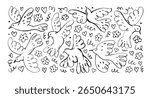 Funky childish crayon drawn birds, doves or pigeons. Cute doodles flying birds with flowers and hearts. Hand drawn simple abstract animals. Naive cute symbol of peace. Vector ink illustration.