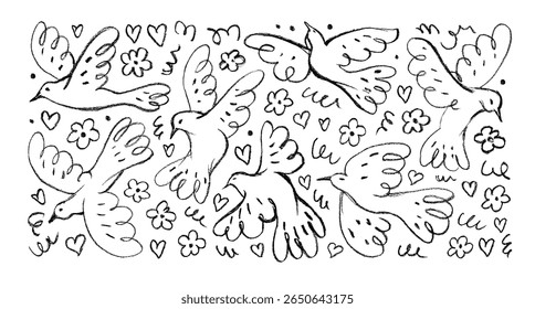 Funky childish crayon drawn birds, doves or pigeons. Cute doodles flying birds with flowers and hearts. Hand drawn simple abstract animals. Naive cute symbol of peace. Vector ink illustration.