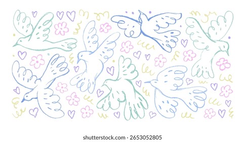 Aves, pombas ou pombos, puxados por giz de cera infantil e funky. Pastel colorido bonitos doodles voando pássaros com flores e corações. Animais abstratos desenhados à mão. Ingênuo símbolo bonito da paz. Ilustração com tinta vetorial.