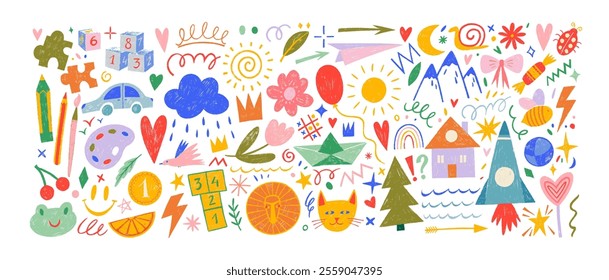 Funky childish doodles and icons drawn with crayon. Cute kid scribble doodle icons set. Child games, toys and drawings. Hand drawn cute vector illustrations. Flower, heart, cloud, car, animals, house.