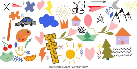 Funky childish doodles and icons drawn with crayon. Cute kid scribble doodle icons set. Child games, toys and drawings. Hand drawn cute vector illustrations. Flower, heart, cloud, car, house.
